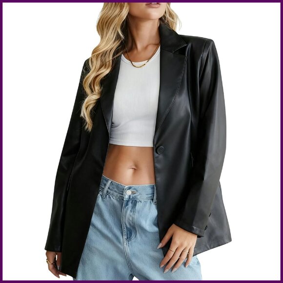 Faux Leather Blazer Jacket Moto Biker Coat Slim Fit Women's
